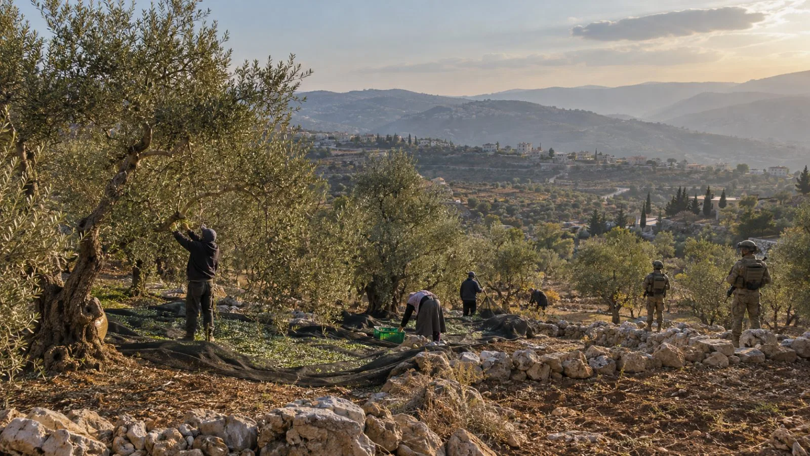 Farmers harvest olives in a grove near Zibqin, southern Lebanon, with soldiers nearby. (AI-generated image / EconoTimes)