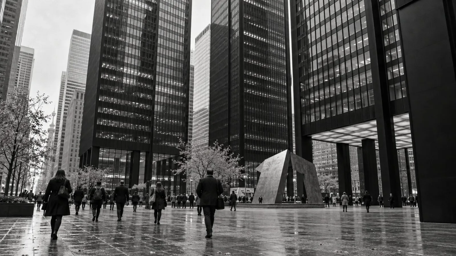 Office workers cross the plaza outside the TD Centre in Toronto on an overcast autumn morning. (AI-generated image / EconoTimes)