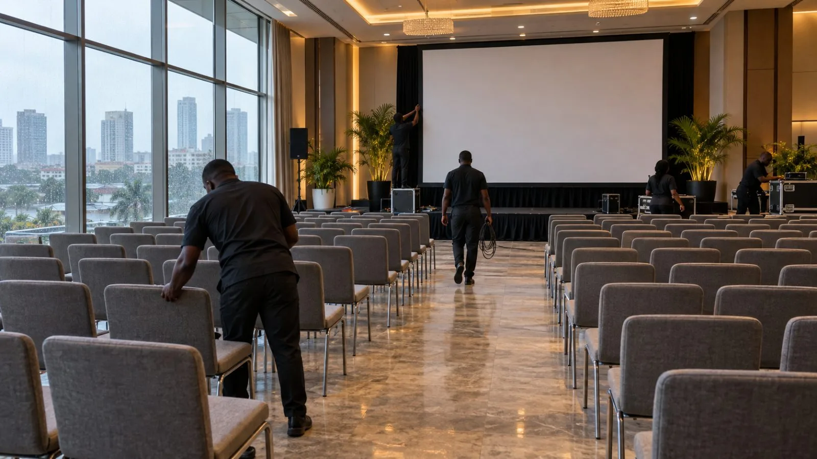 Event staff arrange chairs in a Lagos conference hall ahead of a marketing meeting (AI-generated image / EconoTimes)