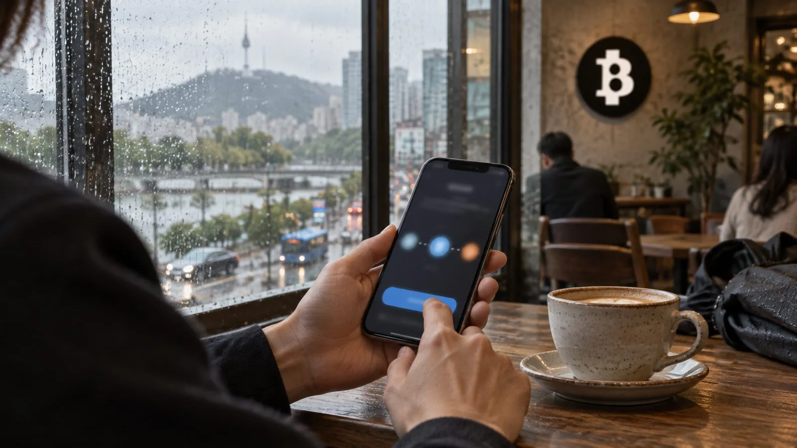 An anonymous user checks a crypto wallet on a phone in a Seoul café. / EconoTimes.ai
