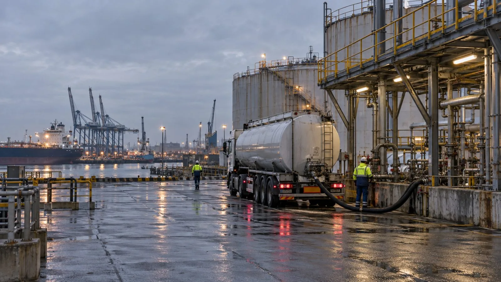 A fuel tanker loads beside storage tanks at the Port of Le Havre, France (AI-generated image / EconoTimes)