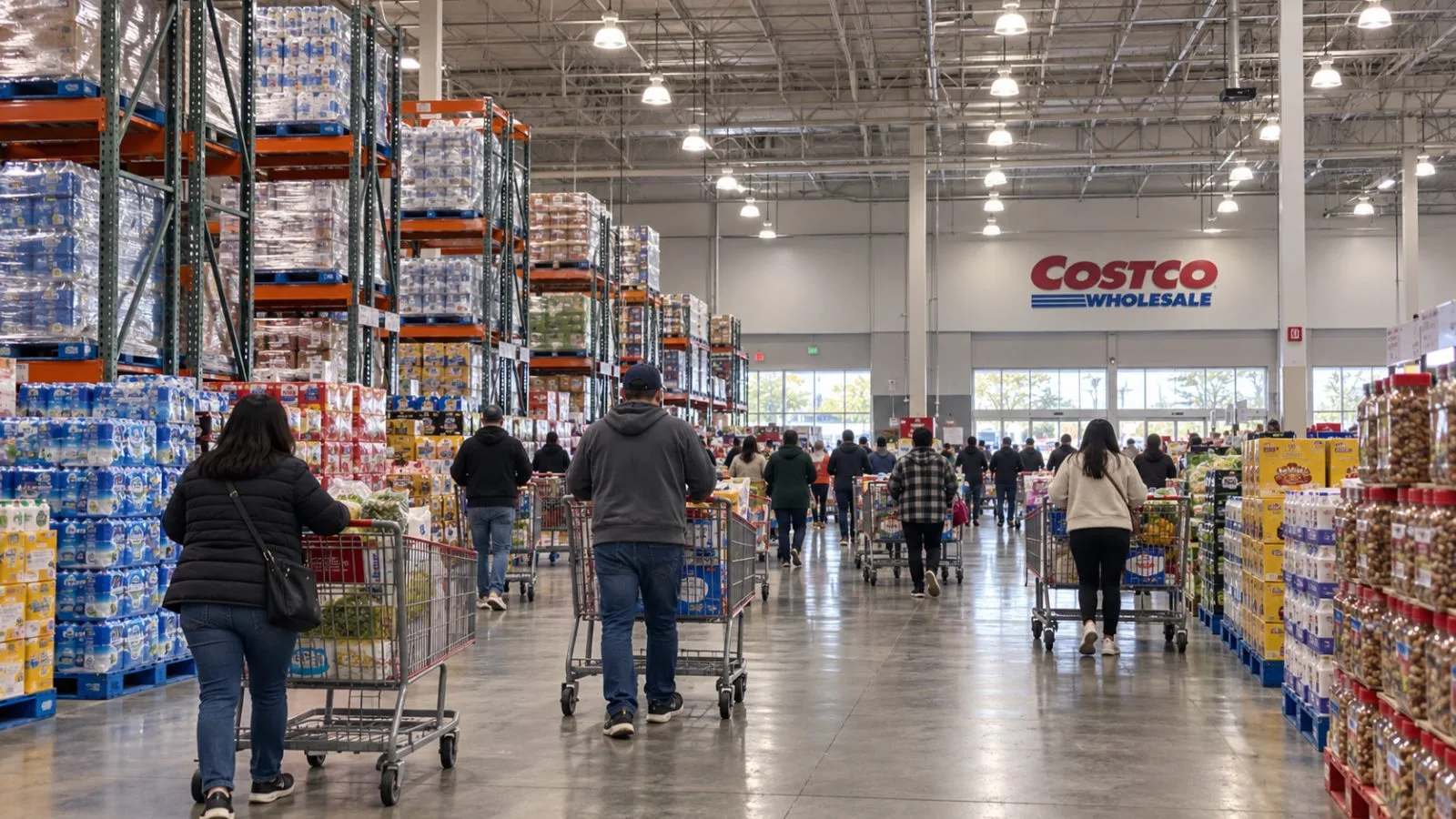 Shoppers push carts past pallet displays inside a warehouse club in Issaquah, Washington. / EconoTimes.ai