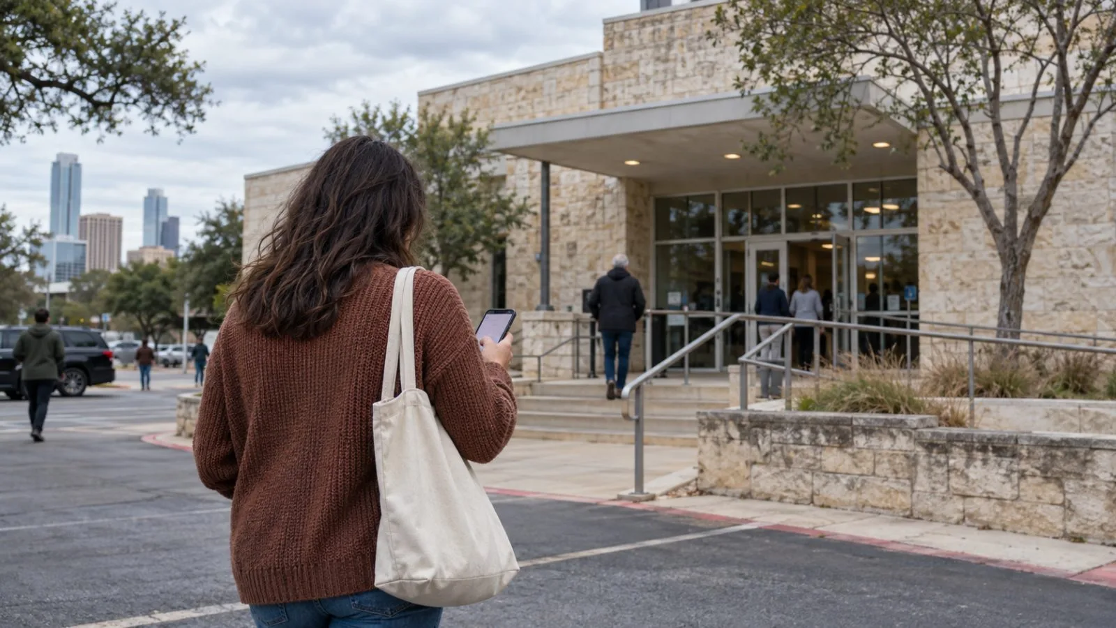 A voter checks a phone outside an early-voting site in Austin, Texas (AI-generated image / EconoTimes)