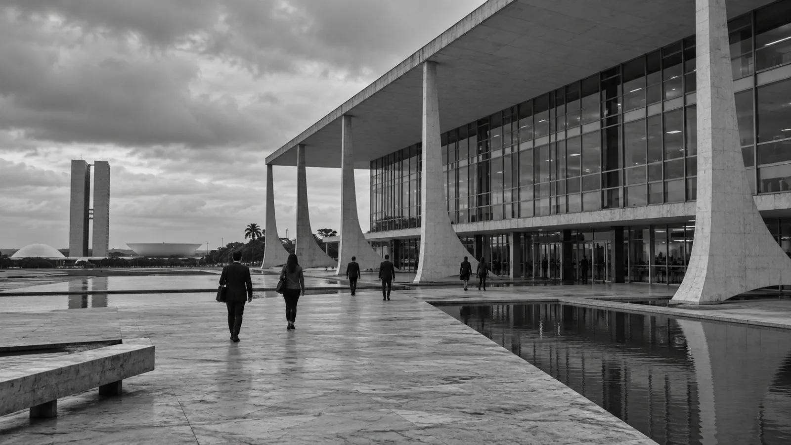 Staff walk outside Brazil's Planning Ministry in Brasília under cloudy skies. (AI-generated image / EconoTimes)