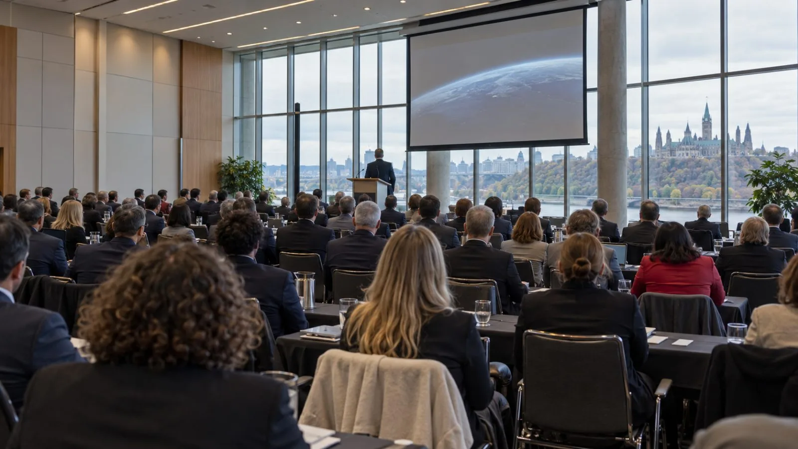 A speaker addresses aerospace delegates at a conference in Gatineau, Quebec, Canada (AI-generated image / EconoTimes)