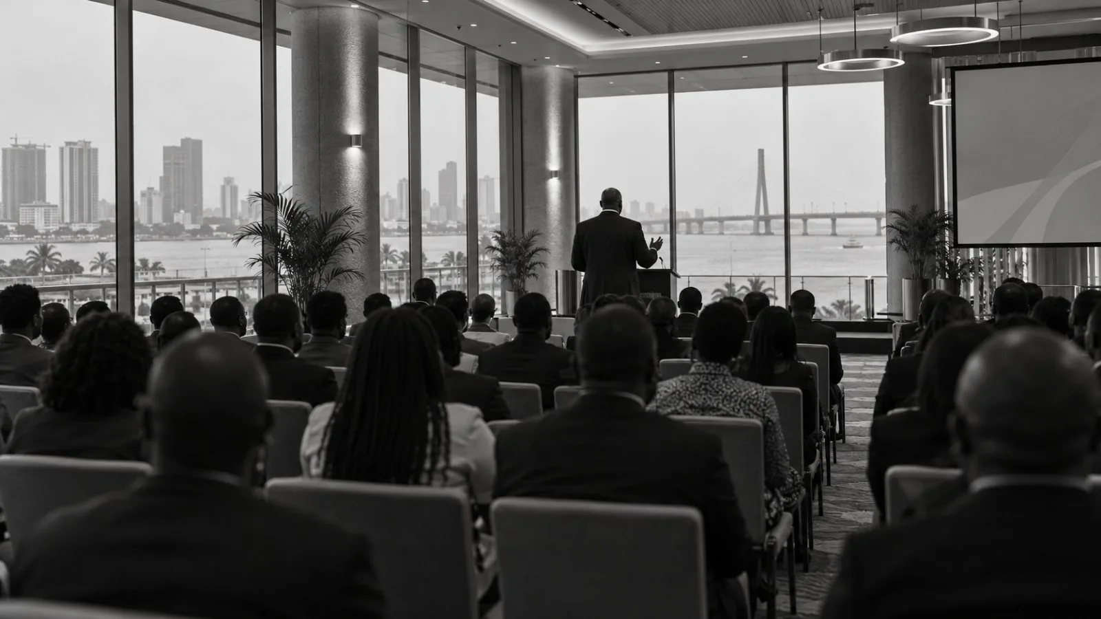 Attendees listen during a pharmaceutical manufacturing expo at Harbour Point in Lagos, Nigeria. (AI-generated image / EconoTimes)