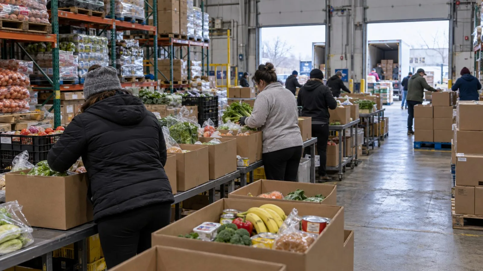 Volunteers sort donated groceries at Second Harvest’s Etobicoke warehouse in Ontario. (AI-generated image / EconoTimes)