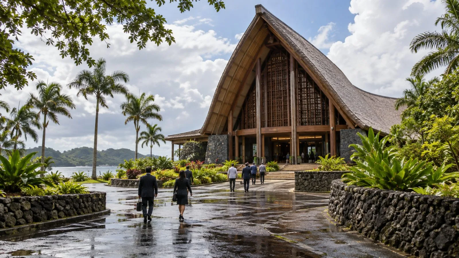 Delegates arrive for a Pacific Islands Forum meeting in Koror, Palau. (AI-generated image / EconoTimes)