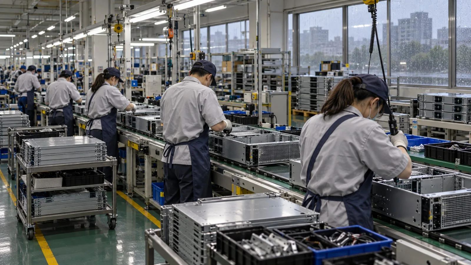 Workers assemble server chassis on an electronics factory floor in Daxi District, Taoyuan, Taiwan / EconoTimes.ai
