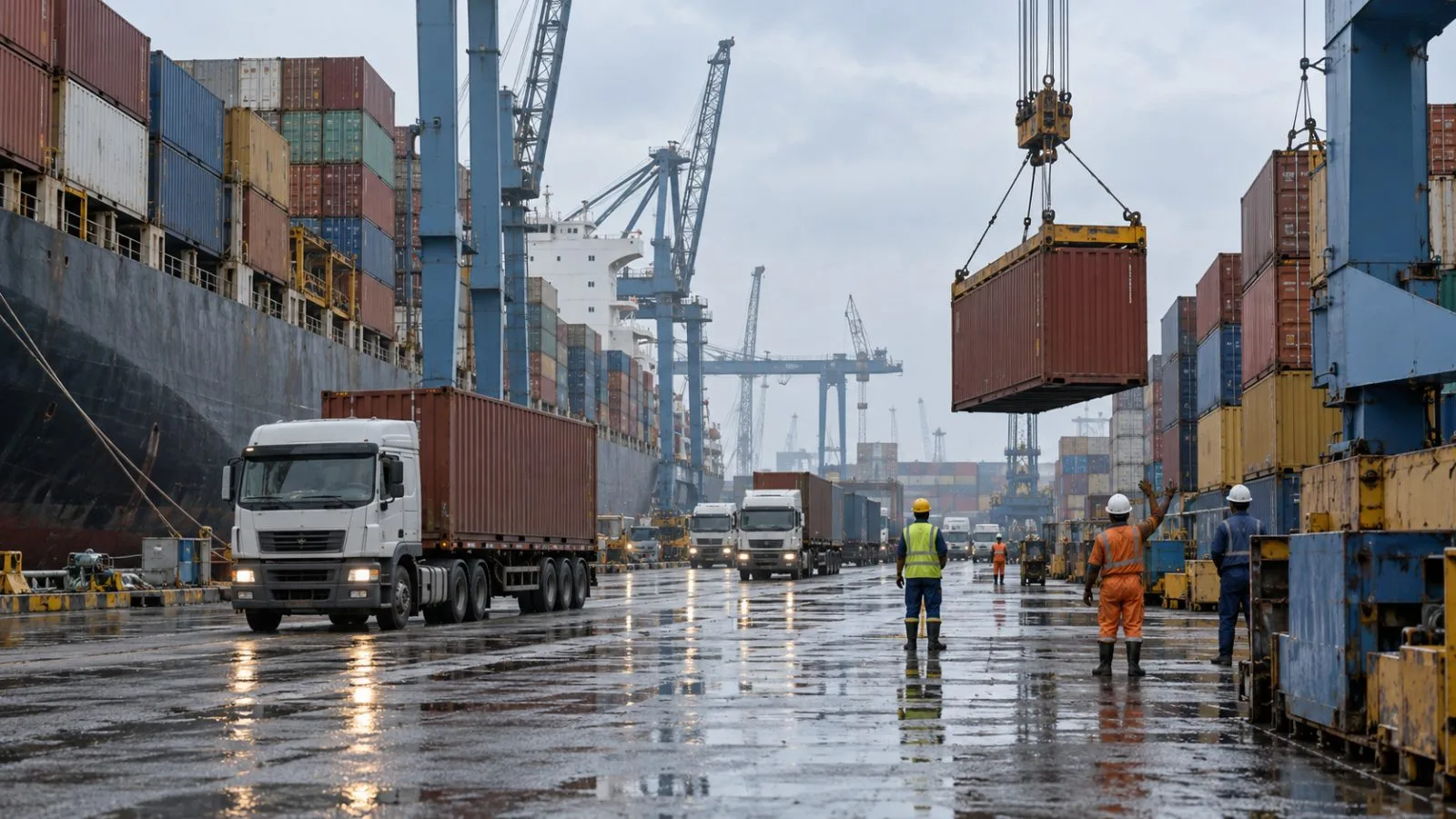 Container trucks pass stacked cargo at Apapa Port in Lagos, Nigeria. (AI-generated image / EconoTimes)