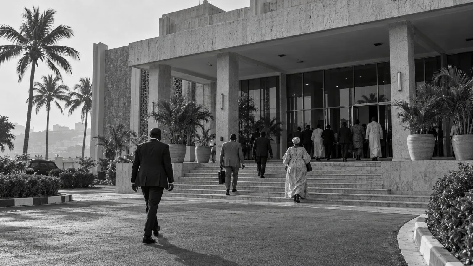 Attendees enter a meeting venue in Dakar, Senegal, under hazy afternoon light. (AI-generated image / EconoTimes)