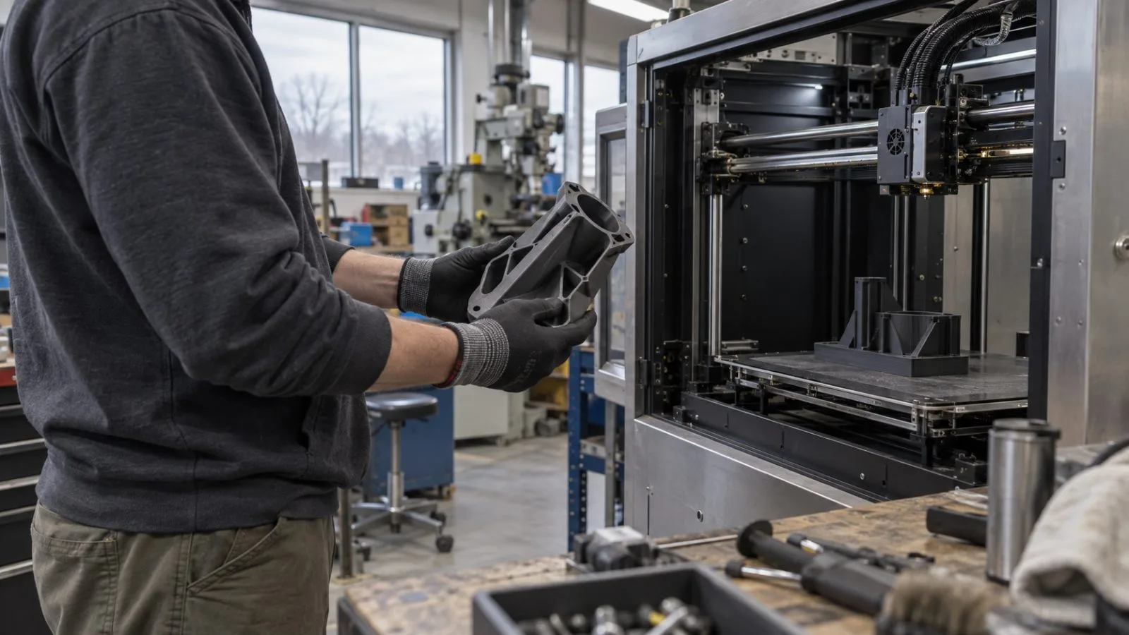 A technician checks a polymer component beside an industrial 3D printer in Troy, Michigan (AI-generated image / EconoTimes)