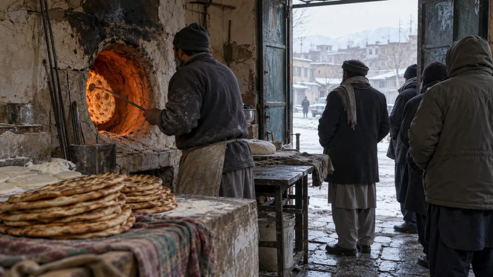 A baker removes flatbread from a tandoor at a neighborhood bakery in Kabul, Afghanistan. (AI-generated image / EconoTimes)