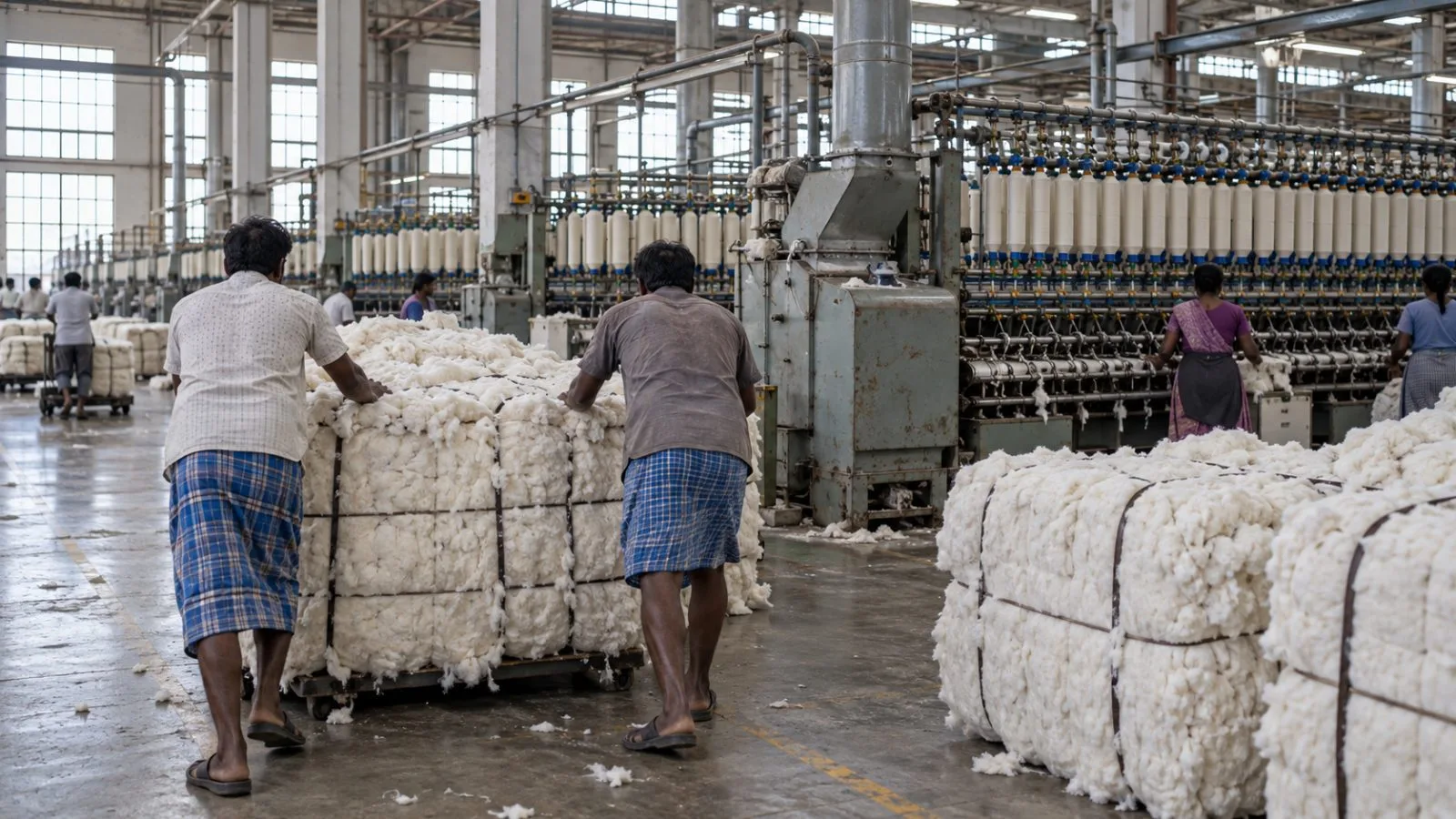 Workers move raw cotton bales inside a textile mill in Coimbatore, India. (AI-generated image / EconoTimes)