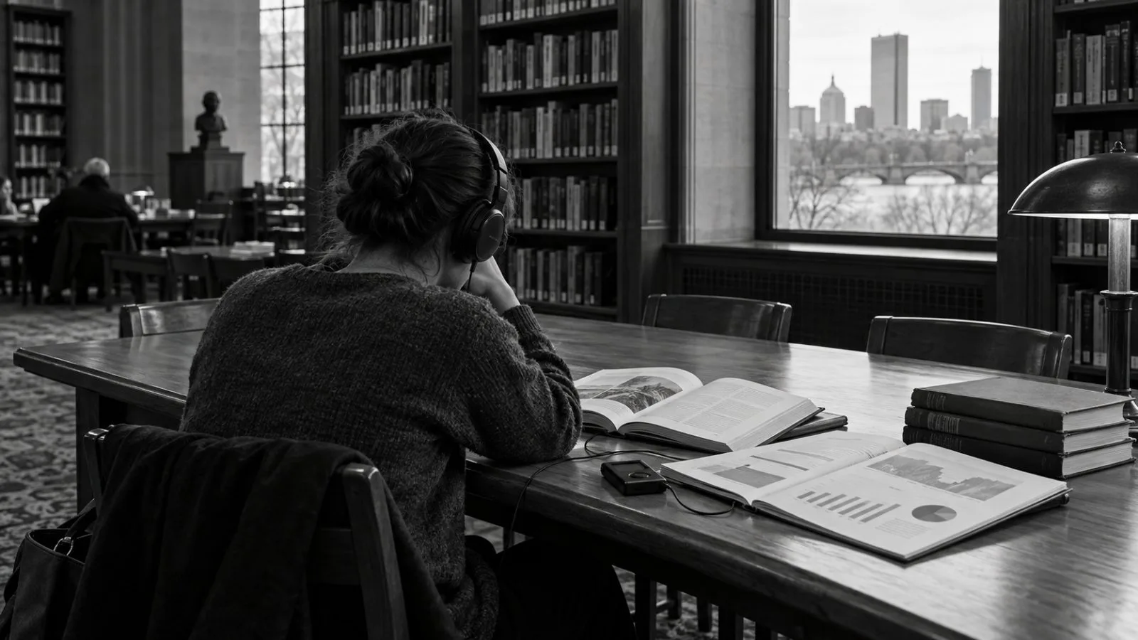 A reader listens to an archival investment address beside an open book in a Boston library. (AI-generated image / EconoTimes)