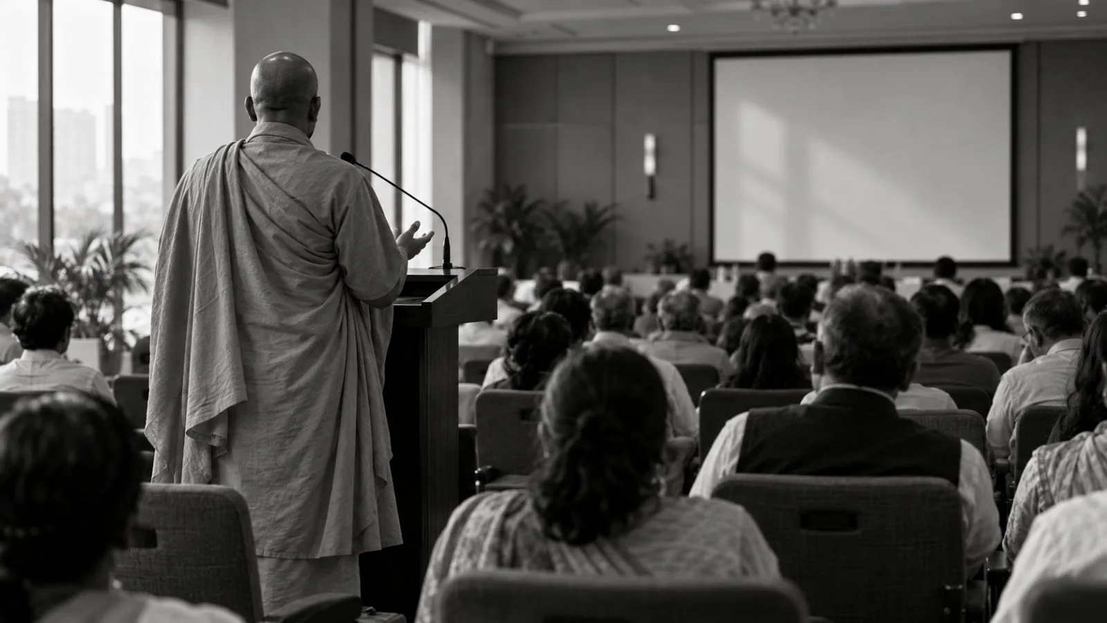 A speaker addresses an audience during a summit session in New Delhi, India. (AI-generated image / EconoTimes)