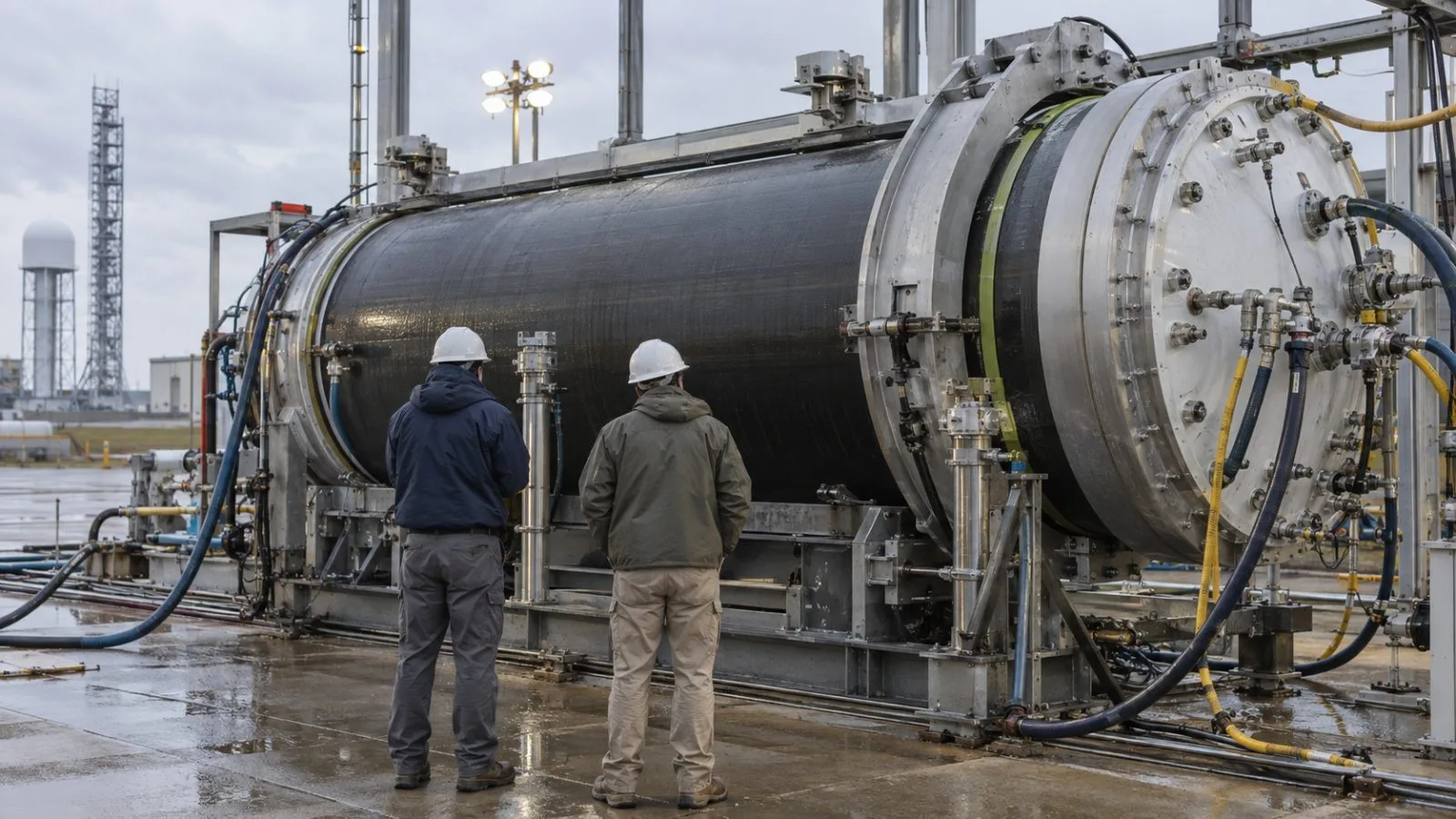 Technicians inspect a rocket tank test fixture at NASA Wallops Flight Facility in Virginia. (AI-generated image / EconoTimes)