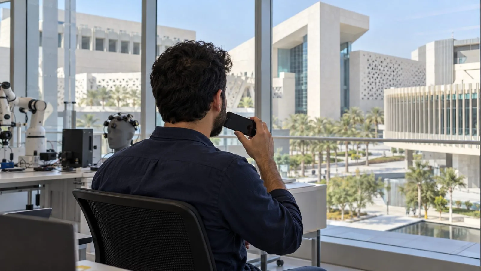 A researcher speaks into a phone in a campus room at MBZUAI in Abu Dhabi. (AI-generated image / EconoTimes)