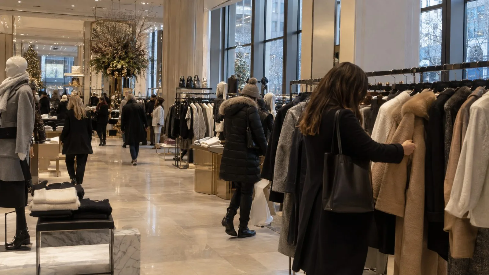 Anonymous shoppers browse winter clothing in a Manhattan department store in New York City (AI-generated image / EconoTimes)