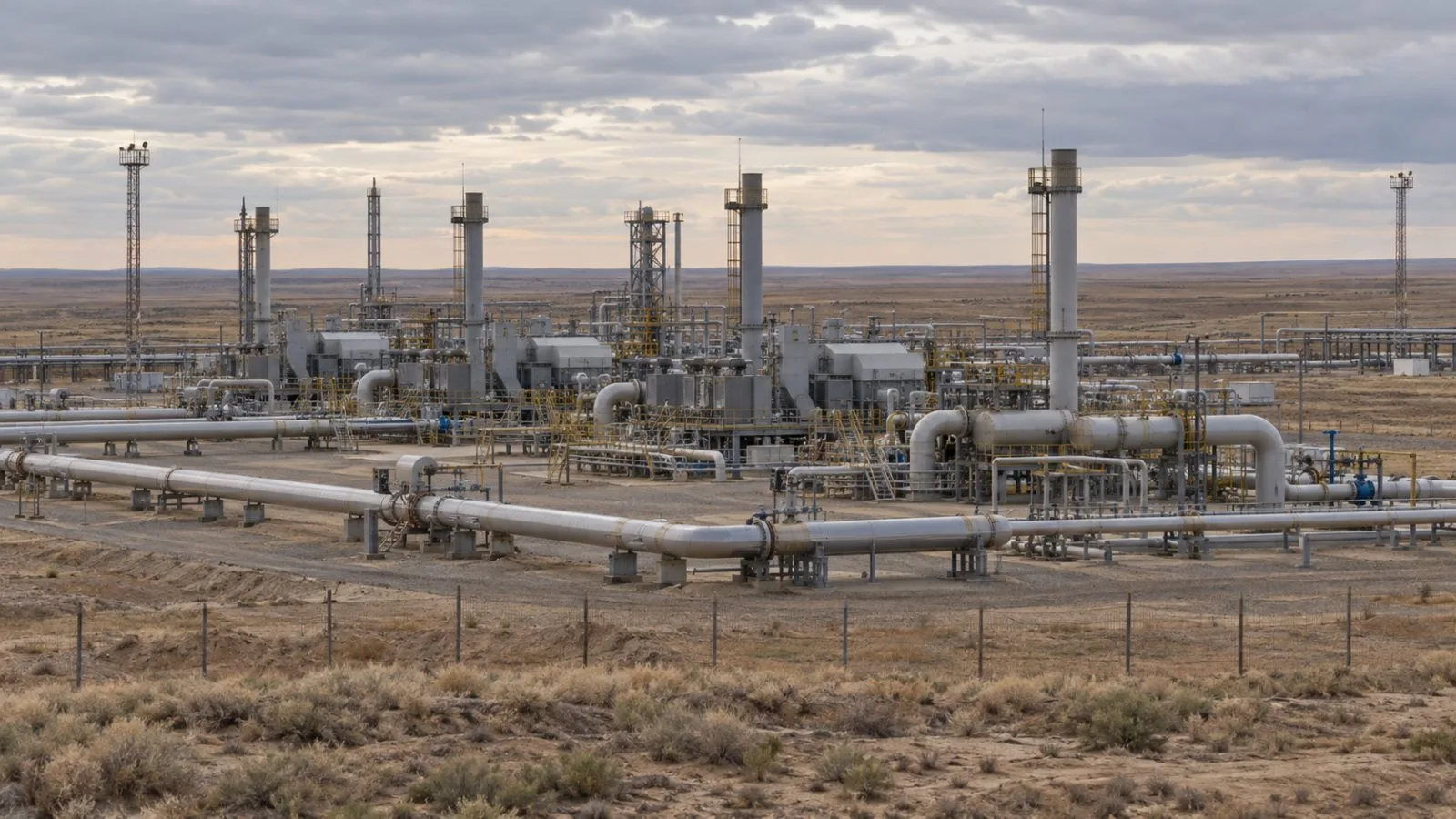 Gas pipes and compressor equipment fill the frame at Makat, Atyrau Region, Kazakhstan. (AI-generated image / EconoTimes)