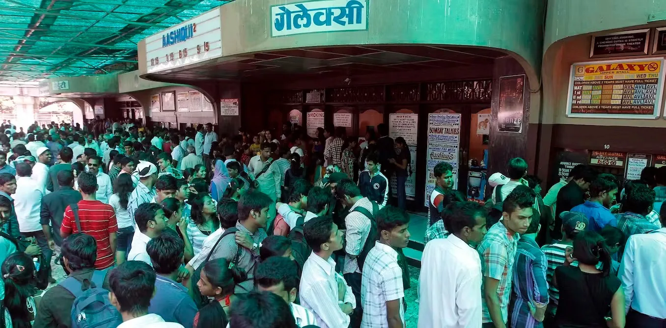 A crowd outside a cinema in Mumbai. A recent low-budget film about a discredited anti-Muslim conspiracy has sparked national debates and unrest. (AP Photo/Rajanish Kakade)