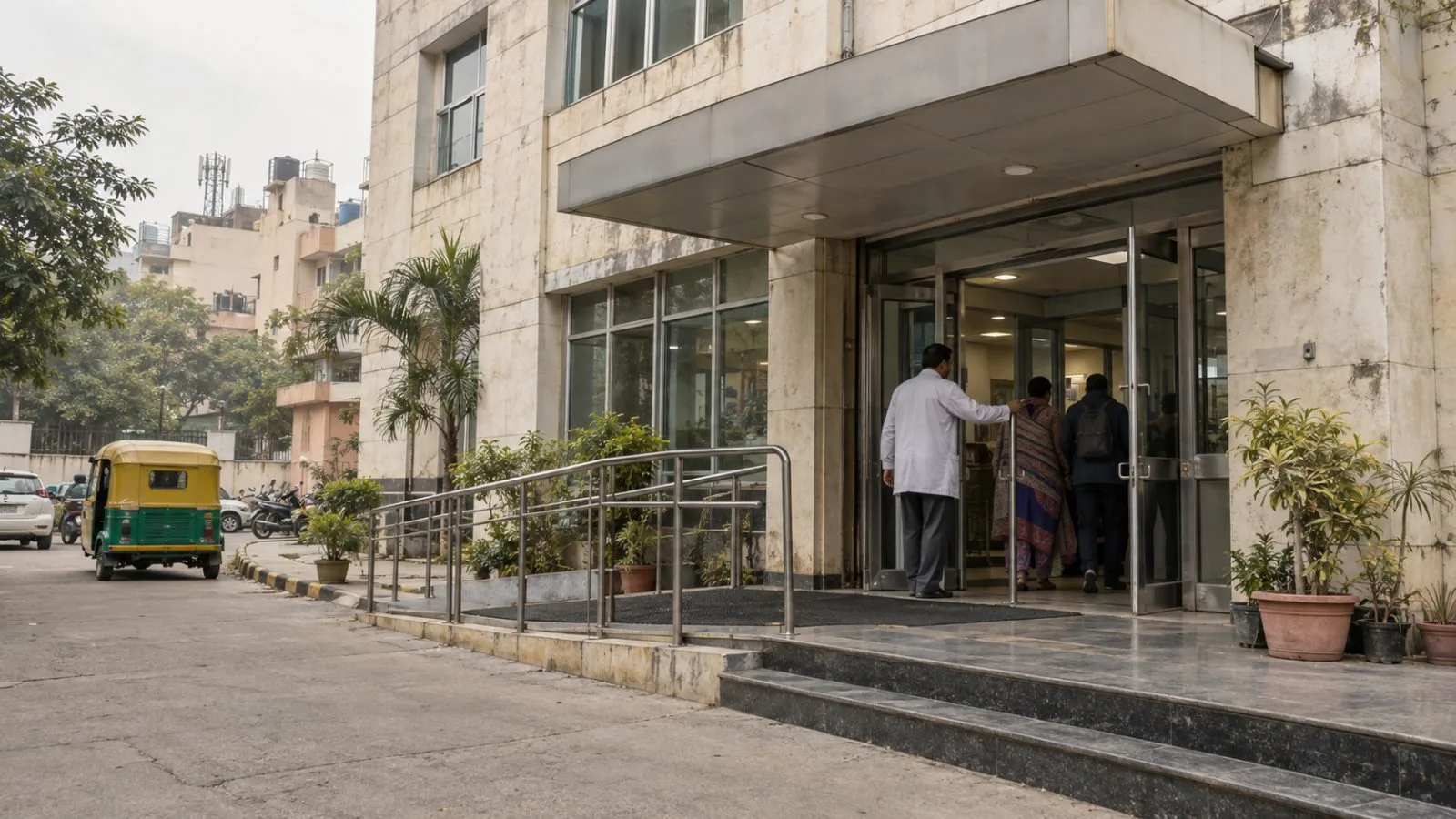 Patients enter a neighborhood hospital in New Delhi, India, under a hazy morning sky (AI-generated image / EconoTimes)