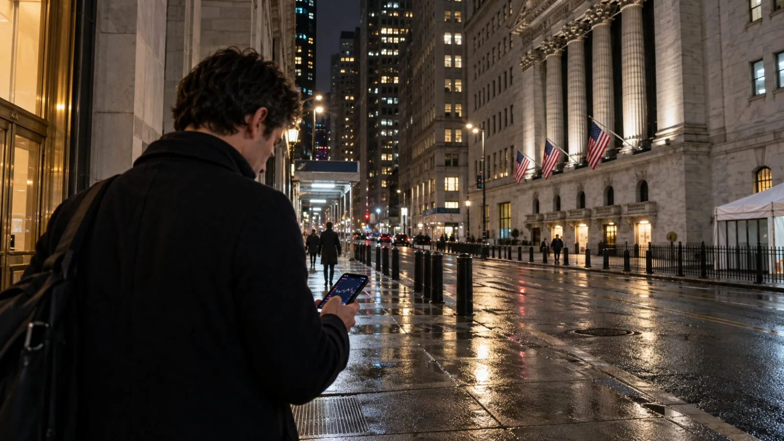 A passerby checks a smartphone on a damp Wall Street sidewalk in New York after dark. (AI-generated image / EconoTimes)