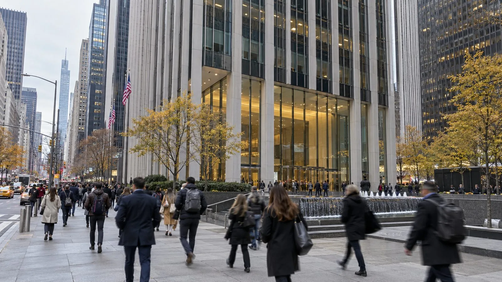 Commuters cross the sidewalk outside 1211 Avenue of the Americas in Midtown Manhattan. (AI-generated image / EconoTimes)