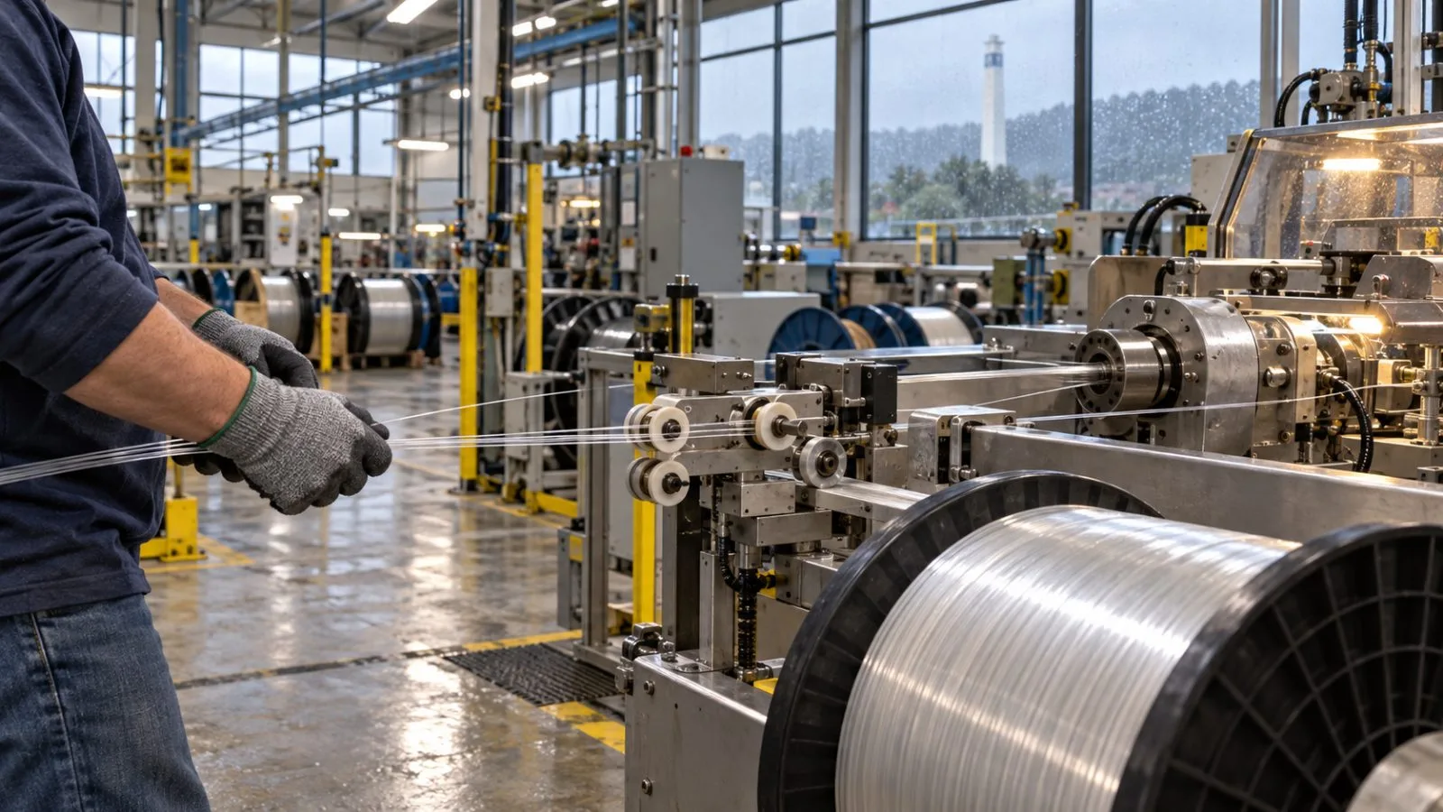 Optical fiber is wound onto large reels at a manufacturing facility in Corning, New York. / EconoTimes.ai