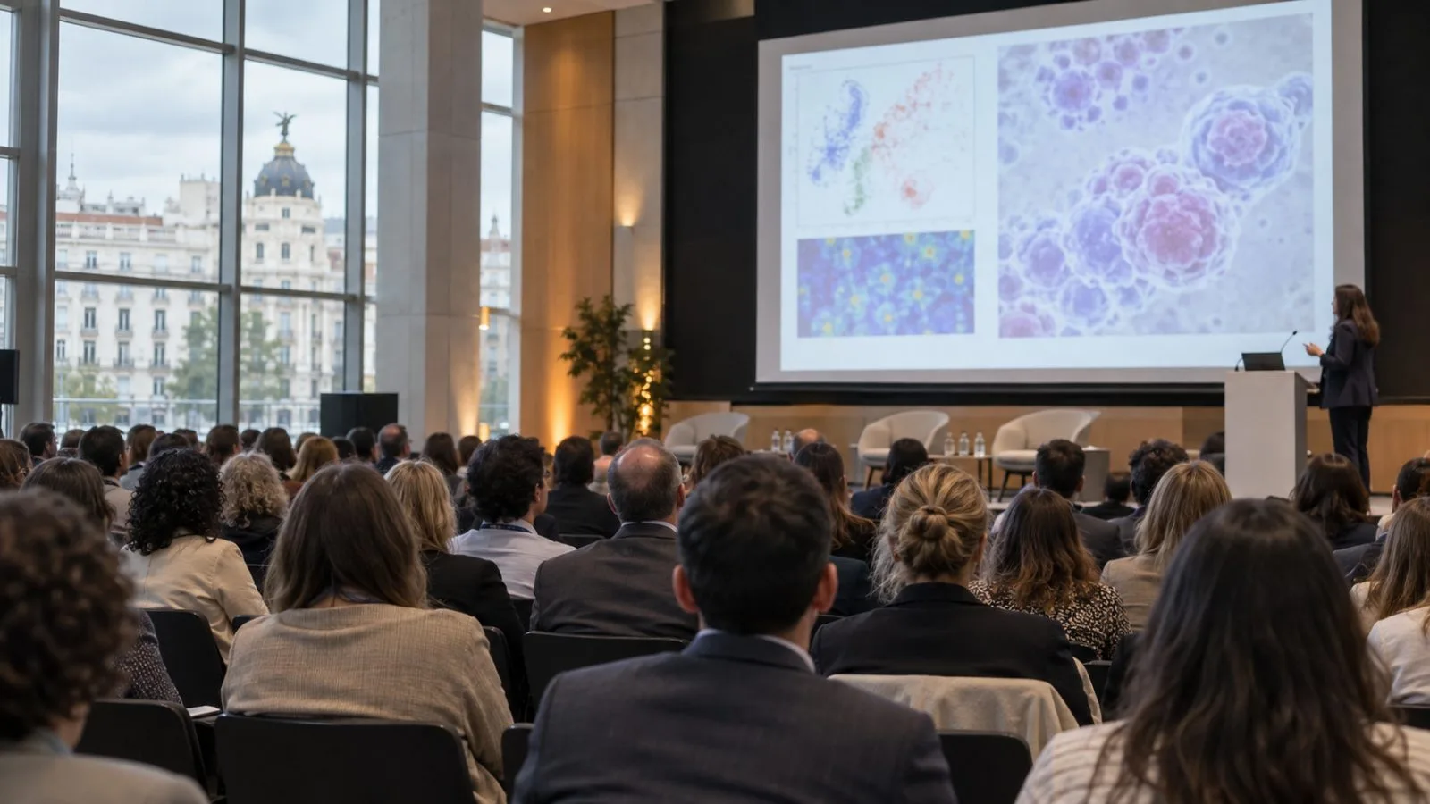 Researchers listen during an oncology research presentation in Madrid, Spain (AI-generated image / EconoTimes)