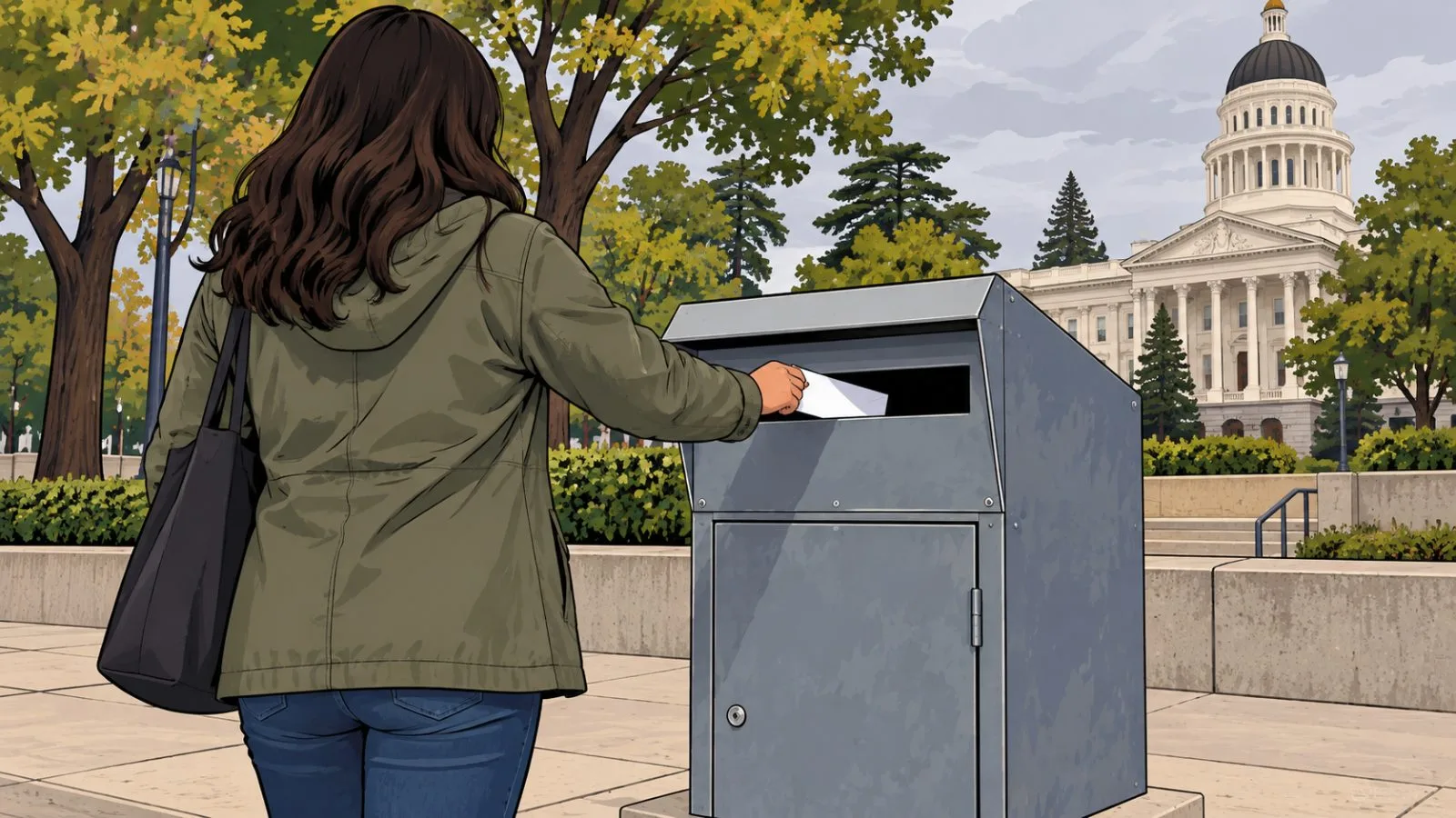 A voter places a sealed ballot envelope in a drop box in Sacramento, California. (AI-generated image / EconoTimes)