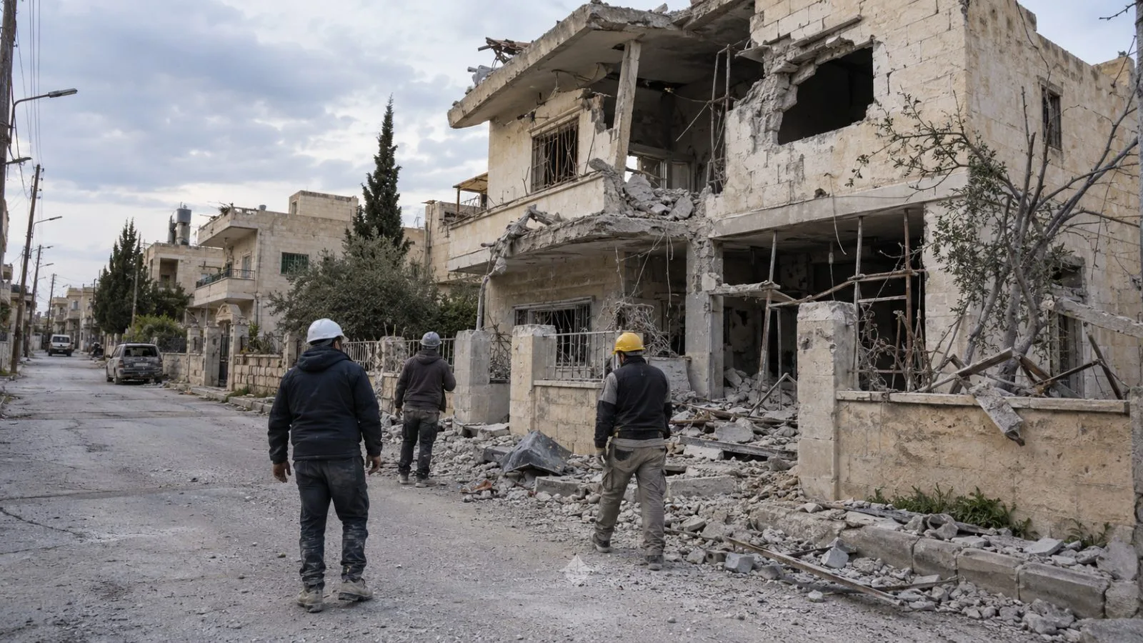 Emergency workers inspect a damaged building in Daraa province, southern Syria. (AI-generated image / EconoTimes)