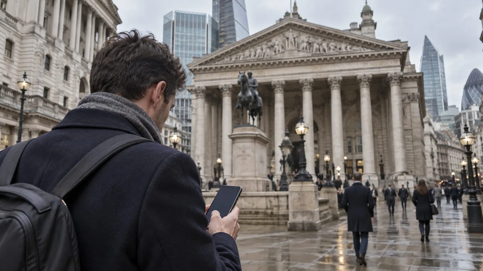 A commuter checks a smartphone outside the Royal Exchange in London on an overcast afternoon. / EconoTimes.ai