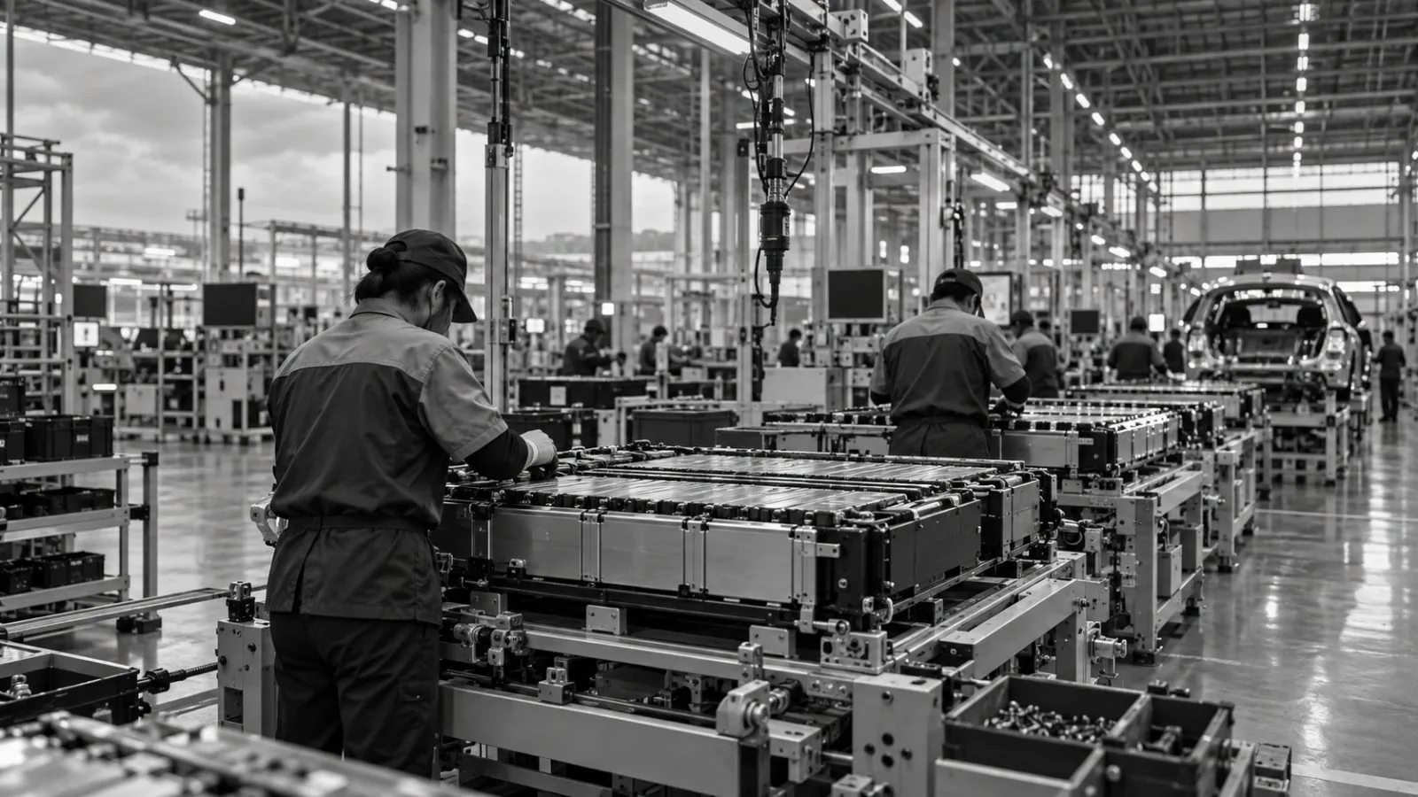 Workers assemble an electric vehicle battery module at a factory in Rayong, Thailand. (AI-generated image / EconoTimes)