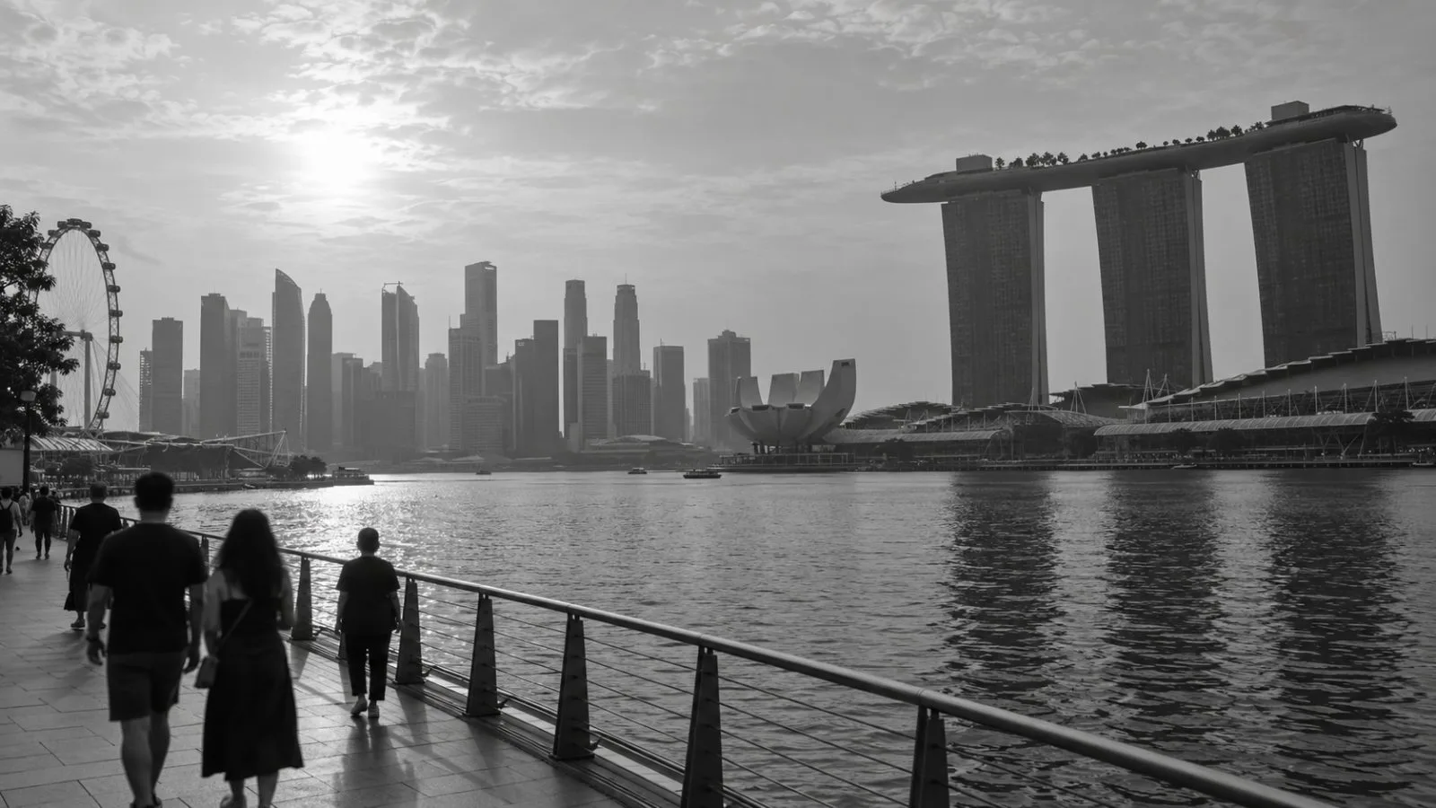 The Singapore skyline appears through light haze from the Marina Bay waterfront. (AI-generated image / EconoTimes)
