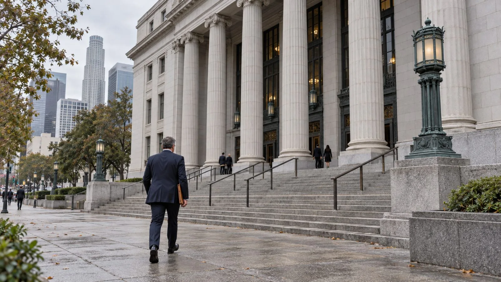 Attorneys enter the Stanley Mosk Courthouse in downtown Los Angeles on an overcast morning. / EconoTimes.ai
