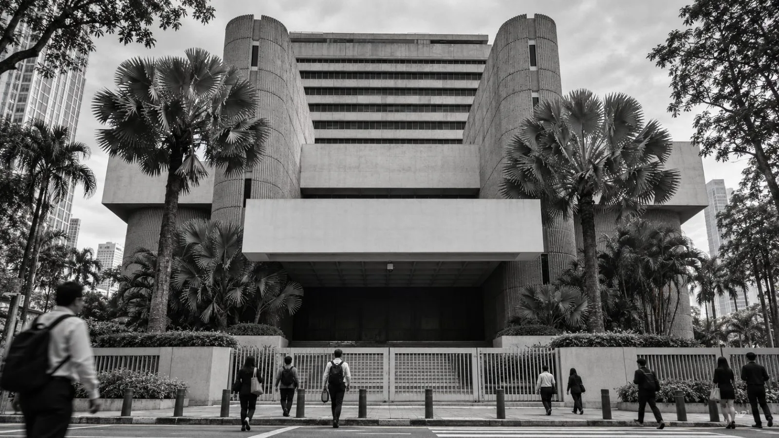 Pedestrians pass Bank Negara Malaysia’s headquarters in Kuala Lumpur on an overcast afternoon. / EconoTimes.ai