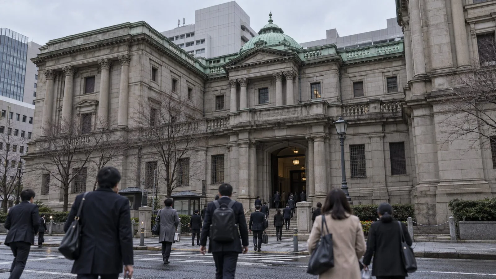 Commuters pass the Bank of Japan headquarters in Tokyo's Nihonbashi district on Tuesday morning. (AI-generated image / EconoTimes)