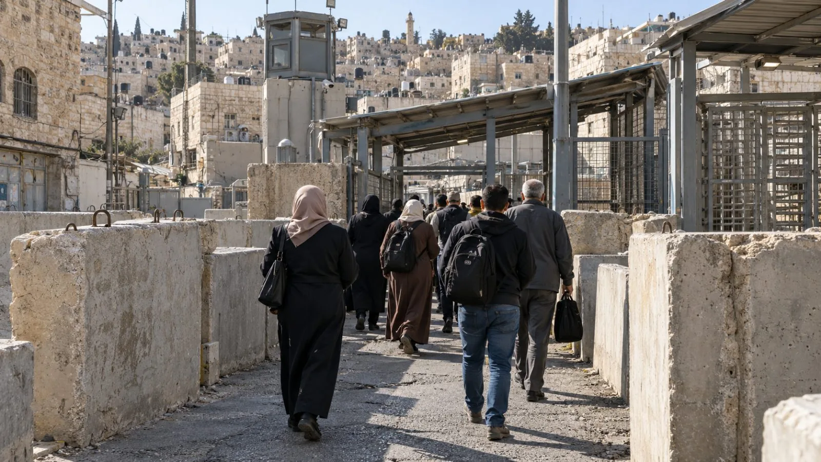 Pedestrians pass between concrete barriers at a checkpoint in Hebron, West Bank. (AI-generated image / EconoTimes)