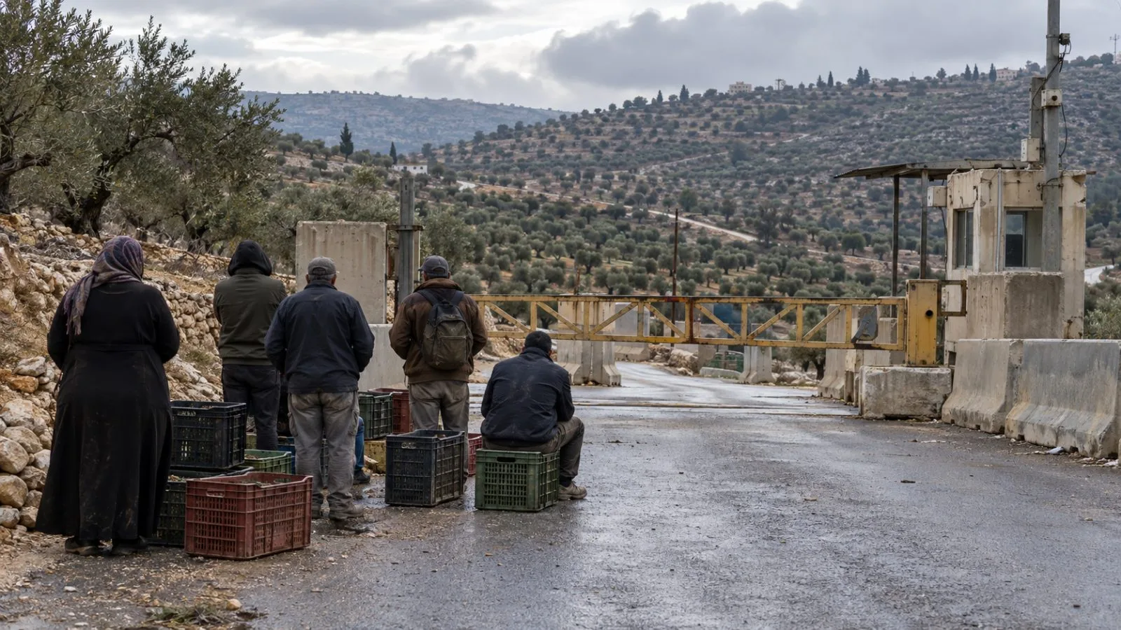Olive harvesters wait beside a closed military checkpoint on a rural West Bank road. (AI-generated image / EconoTimes)