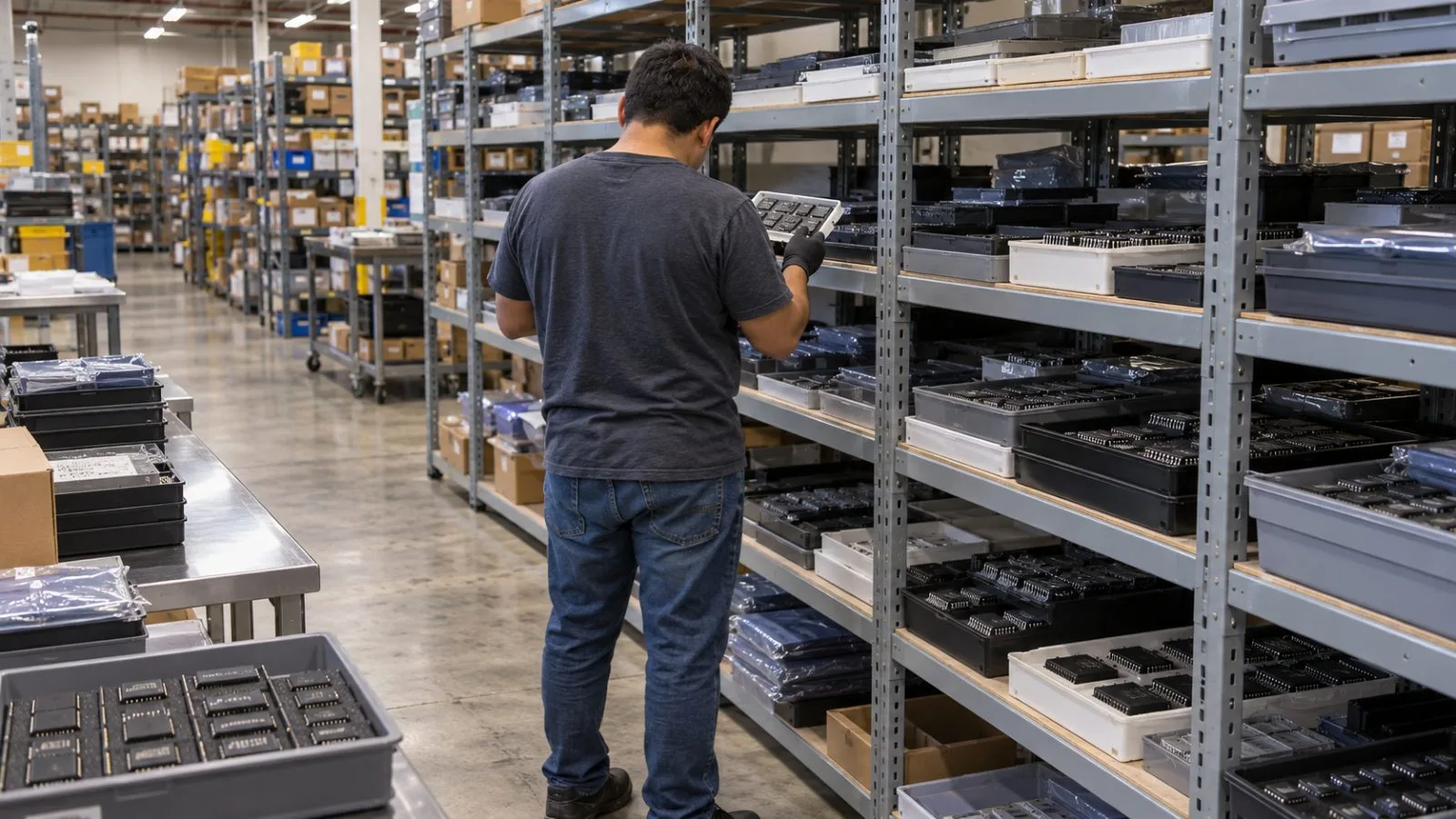 A worker checks semiconductor components in a distribution warehouse in Phoenix, Arizona. (AI-generated image / EconoTimes)