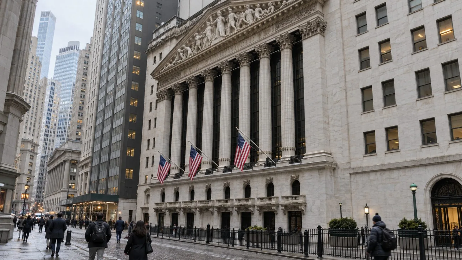 Commuters pass the New York Stock Exchange on Wall Street in lower Manhattan. (AI-generated image / EconoTimes)