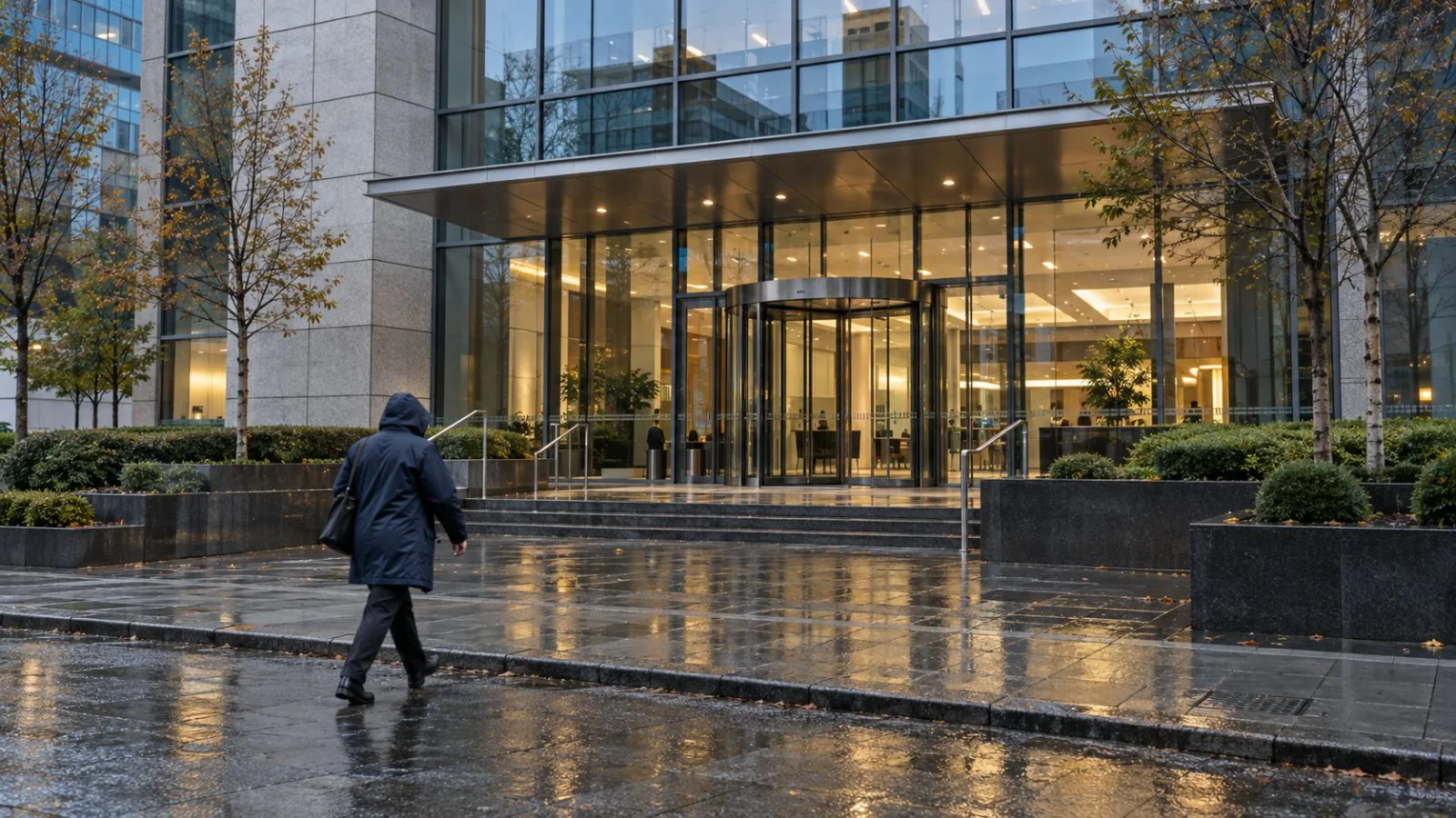 Jazz Pharmaceuticals' Dublin headquarters stands beside a rain-darkened street beneath gray autumn skies. (AI-generated image / EconoTimes)