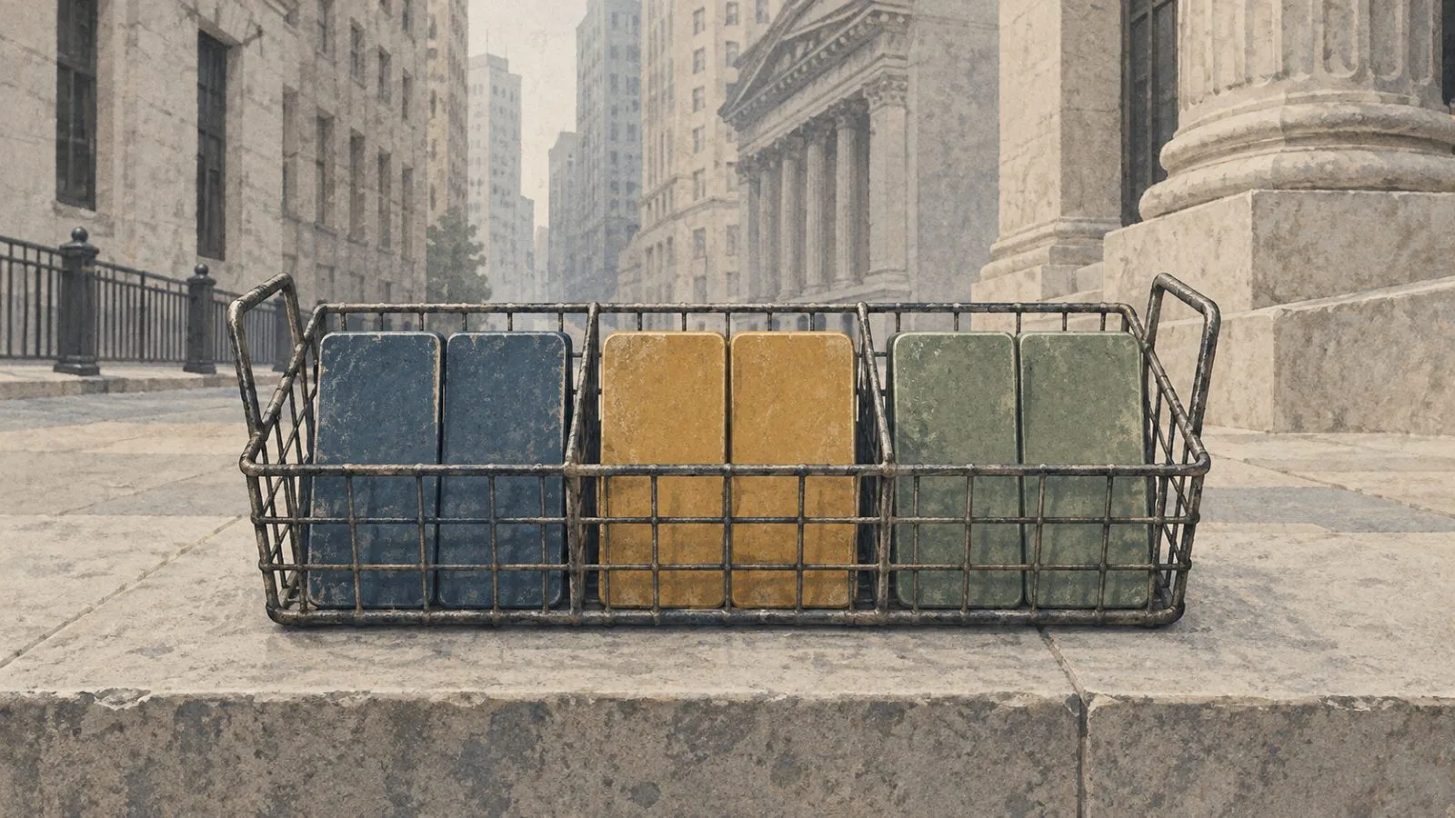 Matching pairs of colored tiles sit in equal compartments in a basket on Wall Street, Manhattan (AI-generated image / EconoTimes)