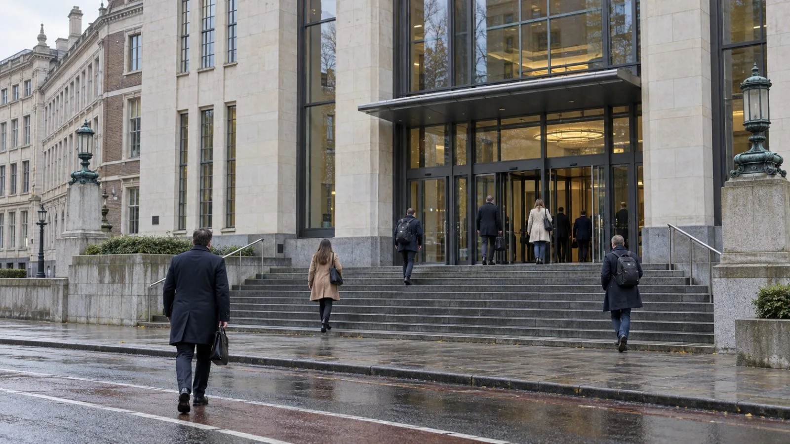 Civil servants walk past the House of Representatives building in The Hague on an overcast morning. / EconoTimes.ai