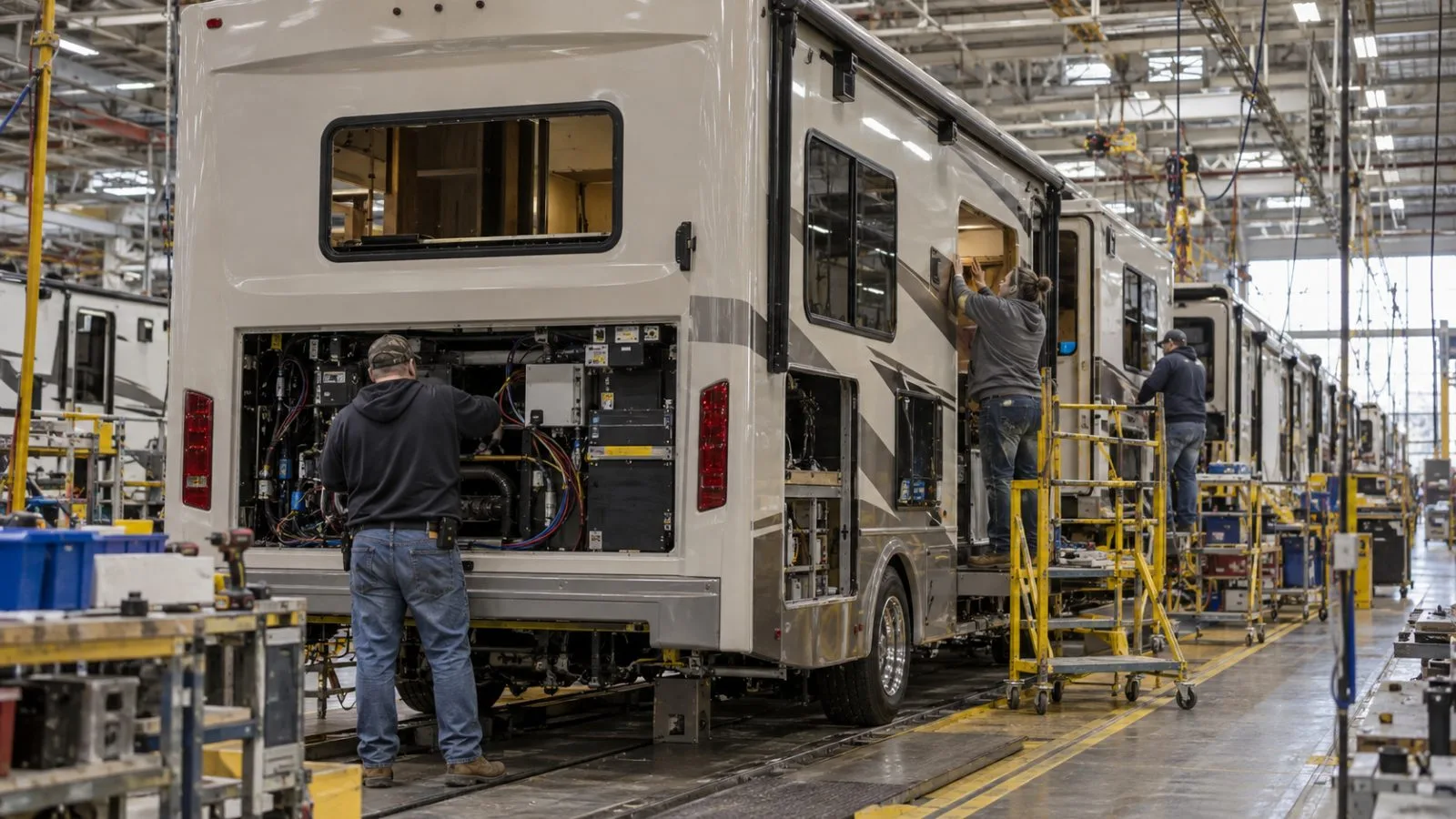 A motorhome chassis moves along an assembly line inside a Forest City, Iowa, plant. (AI-generated image / EconoTimes)