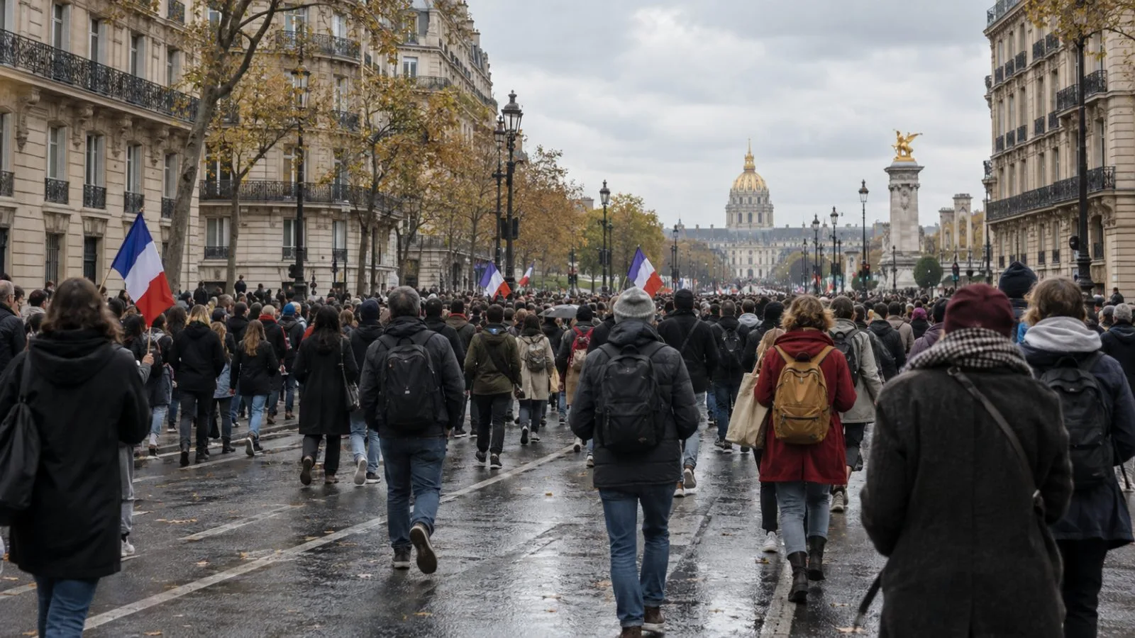 Demonstrators march along a Paris street during a nationwide mobilization. (AI-generated image / EconoTimes)