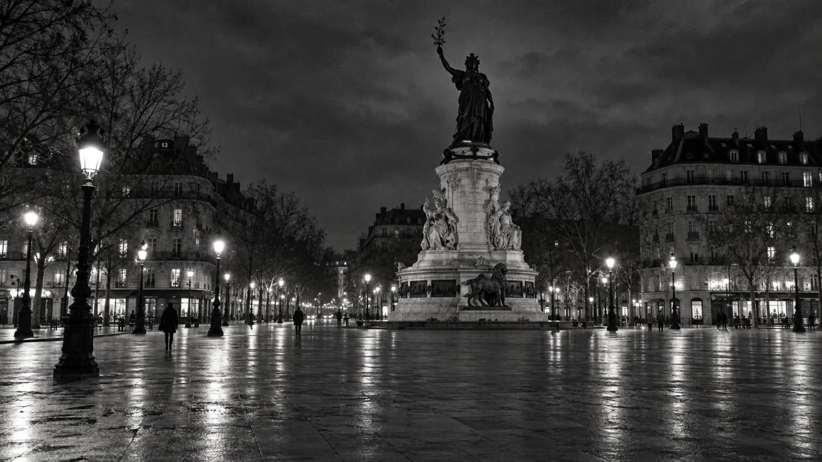 A nearly empty Place de la République sits under streetlights in Paris at night. (AI-generated image / EconoTimes)