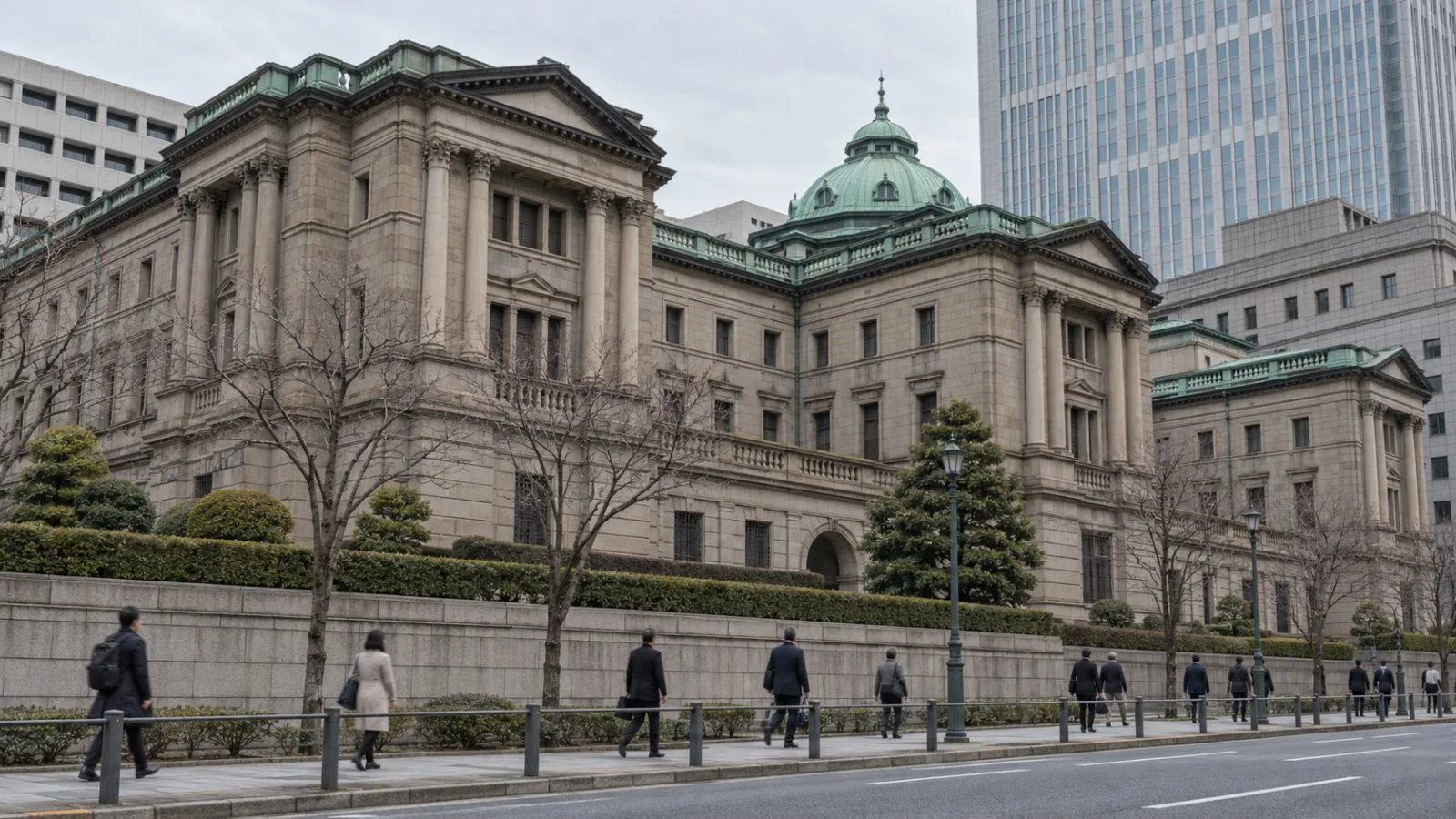 Pedestrians pass the Bank of Japan headquarters in Tokyo under overcast skies. (AI-generated image / EconoTimes)