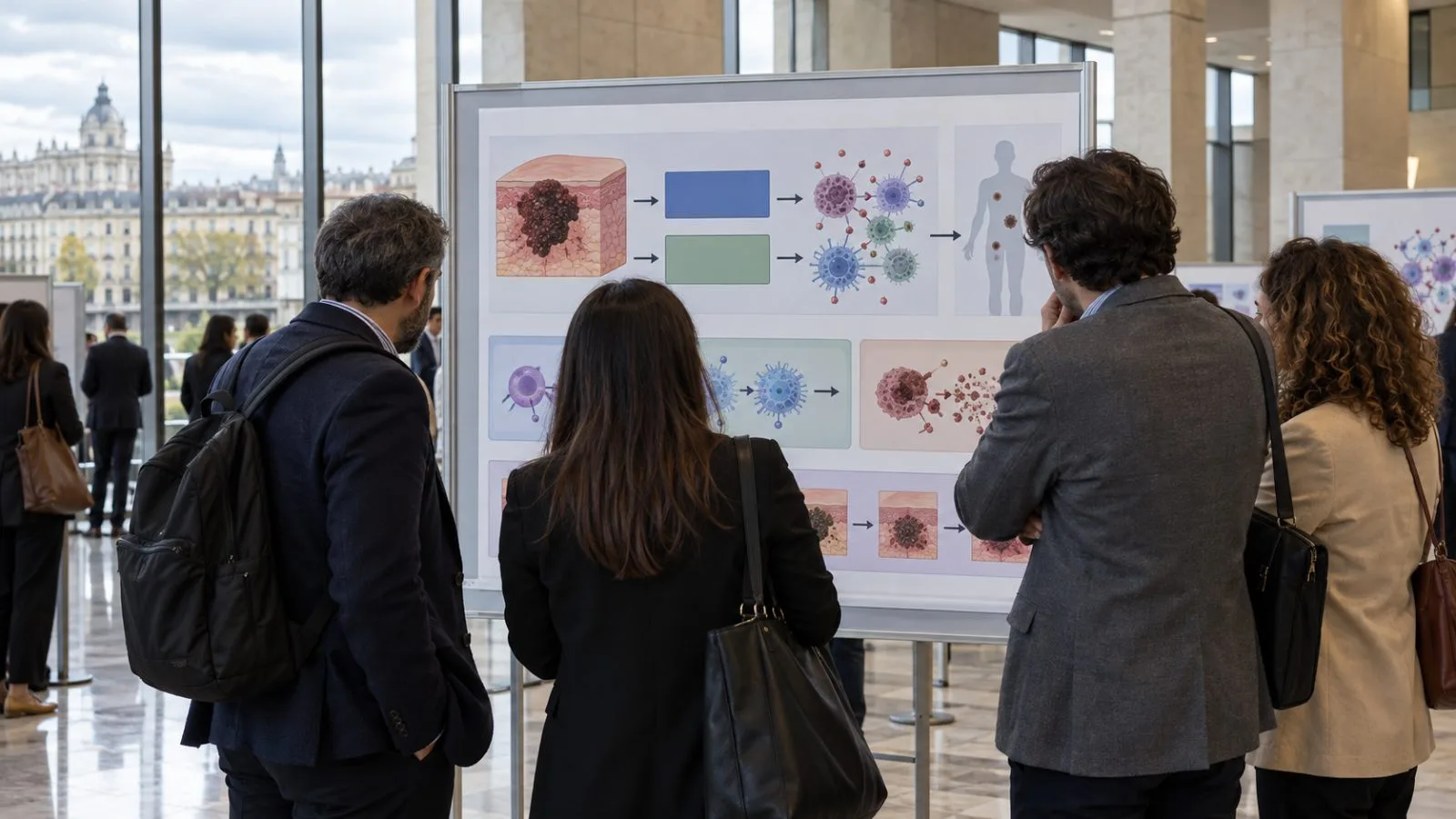 Delegates review oncology research posters at a conference venue in Madrid, Spain. (AI-generated image / EconoTimes)